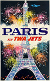 Original vintage Paris Fly TWA Jets linen backed aviation travel and tourism poster plakat affiche by artist David Klein featuring the Eiffel Tower in France.