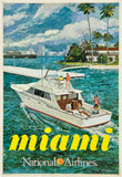 Vintage-style advertisement for Miami featuring a boat with people on a tropical setting, promoting National Airlines.
