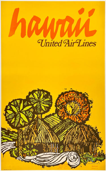 Original vintage Hawaii United Air Lines linen backed UAL airline travel and Hawaiian tourism poster plakat affiche by artist Jebavy, circa 1967.