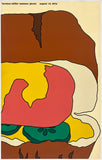 An abstract pop-art style poster or print depicting a layered sandwich or burger-like composition with bold color blocks: brown, yellow, red, green, and cream, with small black outlines. Text at the top reads 'herman miller summer picnic august 17, 1973'.