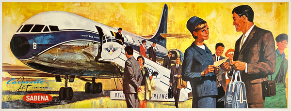 Beautiful authentic original vintage Sabena Caravelle Jet Continental linen backed Belgian aviation airline travel poster affiche plakat circa 1967.