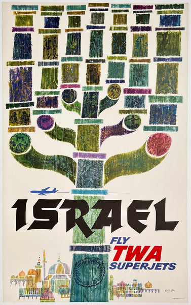 Original vintage Fly TWA Israel aviation travel and tourism poster featuring Jerusalem and a menorah by artist David Klein, circa 1960s.