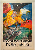 Vintage-style poster with an eagle and cityscape, featuring text about ships and the U.S. Shipping Board.