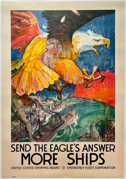Vintage-style poster with an eagle and cityscape, featuring text about ships and the U.S. Shipping Board.