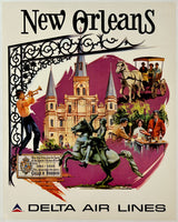 Vintage-style advertisement for Delta Air Lines featuring New Orleans landmarks and culture.