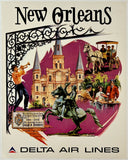 Vintage-style advertisement for Delta Air Lines featuring New Orleans landmarks and culture.