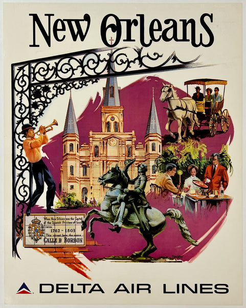 Vintage-style advertisement for Delta Air Lines featuring New Orleans landmarks and culture.