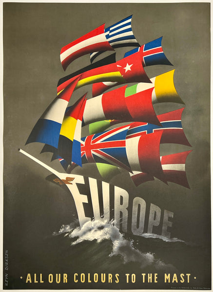 Original vintage EUROPE - ALL OUR COLOURS TO THE MAST - ERP linen backed European Recovery Programme travel poster plakat affiche circa 1960.