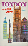 Original vintage London - Fly TWA Jets linen backed aviation travel and tourism poster featuring an illustration of Big Ben and Westminster Abbey by artist David Klein, circa 1960s.
