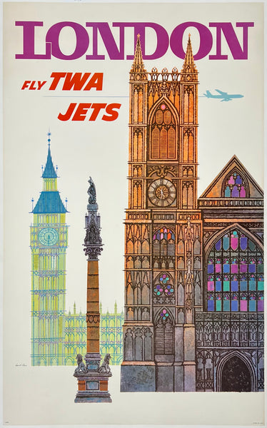 Original vintage London - Fly TWA Jets linen backed aviation travel and tourism poster featuring an illustration of Big Ben and Westminster Abbey by artist David Klein, circa 1960s.