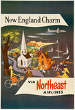 Vintage travel poster for Northeast Airlines featuring the text 'New England Charm' and 'Via Northeast Airlines' over an illustrated coastal village scene with a church, houses, boats, and an airplane.