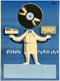 Vintage-style advertisement with a record, radio, and television set on a blue background.