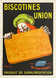 Vintage advertisement for Biscotines Union with a cartoon character holding a biscuit.