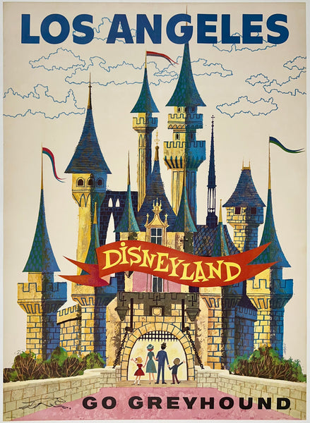 Authentic rare original vintage Los Angeles - Disneyland - Go Greyhound linen backed bus poster featuring a family entering Sleeping Beauty's Castle and promoting travel to and tourism along California and the West Coast aboard Greyhound Lines, circa 1960.