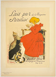 Vintage-style advertisement with a woman in a red dress and three cats on a beige background.