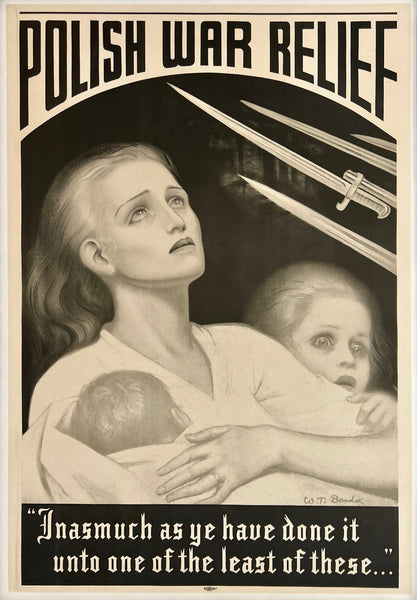 Vintage poster of a woman holding a child with text about Polish War Relief.