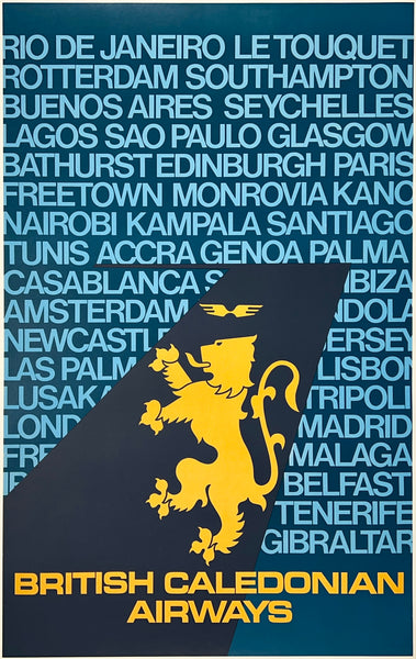 Beautiful original vintage British Caledonian Airways linen backed airline travel and tourism poster plakat affiche circa 1970s.