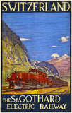 Vintage travel poster for the St. Gothard Electric Railway in Switzerland, featuring a red train traveling through a mountainous landscape under a blue sky.