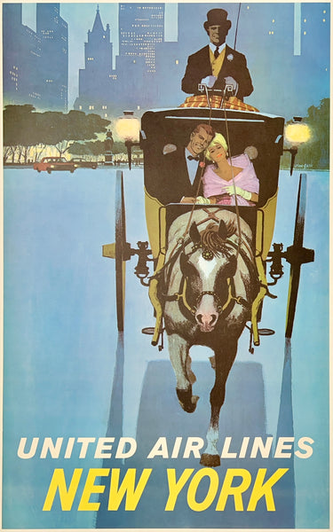 Authentic rare original Vintage United Air Lines - New York linen backed UAL Central Park airline travel and tourism poster by artist Stan Galli, circa 1960. Galli was the illustrator of aviation travel posters for many United Airlines domestic destinations.