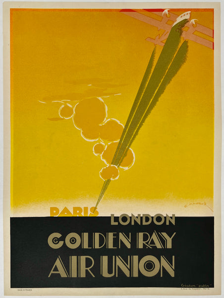 Rare authentic original vintage Golden Ray - Air Union Paris London small format linen backed travel and tourism poster plakat affiche by artist Edmond Maurus circa 1930.