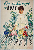 Rare authentic original vintage FLY TO EUROPE BY BOAC British Overseas Airways Corporation linen backed European travel and tourism poster plakat affiche with locations to Frankfurt, London, Zurich, Rome, Madrid, and Lisbon printed circa 1952.
