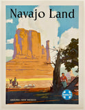 Vintage-style travel poster for Navajo Land with desert landscape and Santa Fe logo.