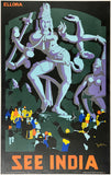 Vintage-style travel poster for India featuring a statue and people, with 'ELLORA' and 'SEE INDIA' text.