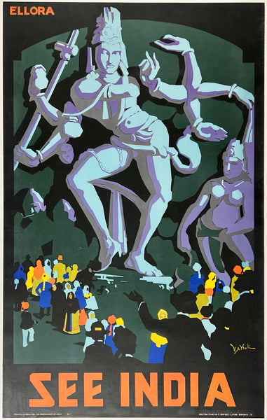 Vintage-style travel poster for India featuring a statue and people, with 'ELLORA' and 'SEE INDIA' text.