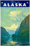 Vintage-style poster of Alaska with mountains and a lake.