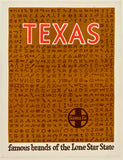 Poster with 'TEXAS' text and decorative elements on a brown background