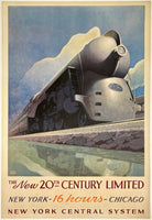 Iconic authentic original vintage THE NEW 20th CENTURY LIMITED - NEW YORK CENTRAL SYSTEM New York Central Lines linen backed American railway travel and tourism art deco railroad poster by artist Leslie Ragan, circa 1939.