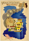 Vintage-style travel poster for Yugoslavia with architectural elements and a map.