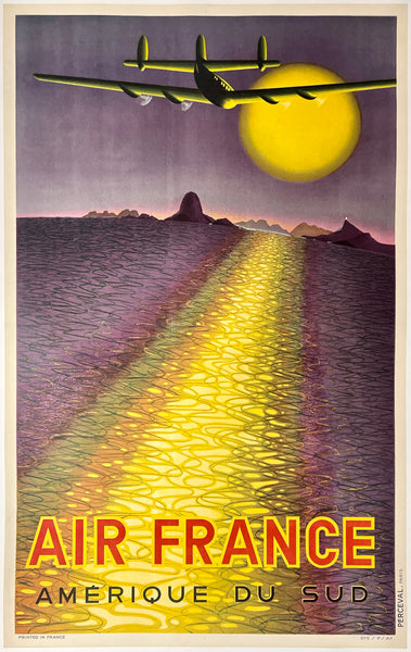 Beautiful authentic original vintage AIR FRANCE - AMERIQUE DU SUD linen backed South America airline travel and tourism poster plakat affiche by artist Victor Vasarely printed circa 1946.