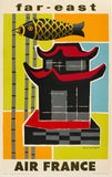 The poster is in near mint condition with no noticeable defects and should display wonderfully once framed.
This is Guy Georget’s bold mid-century design for Air France’s Far East routes. A carp kite (koinobori) flies above a stylized black pagoda with red roofs, set among bamboo stalks and color blocks of lime, orange and sky blue. It was printed in Paris by Bedos &amp; Cie under Air France’s art director at the time, the designer Jean Carlu. With its flat graphic shapes and bright modernist palette, it’s 