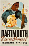Original vintage Dartmouth Winter Carnival 1942 linen backed travel and tourism poster plakat affiche promoting the annual ski event party held at Dartmouth College.