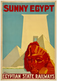 Vintage-style travel poster for Egypt featuring a sphinx and pyramids with 'Sunny Egypt' and 'Egyptian State Railways' text.