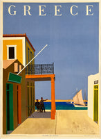 Vintage-style travel poster for Greece featuring a coastal scene with buildings and a sailboat.
