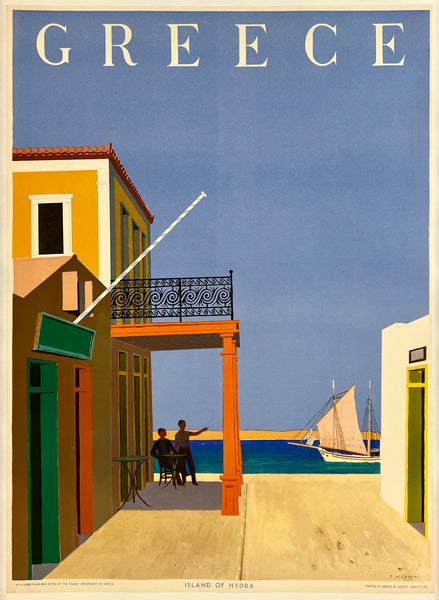 Vintage-style travel poster for Greece featuring a coastal scene with buildings and a sailboat.