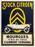 Vintage advertisement for Stock Citroén with a car and logo on a dark blue background