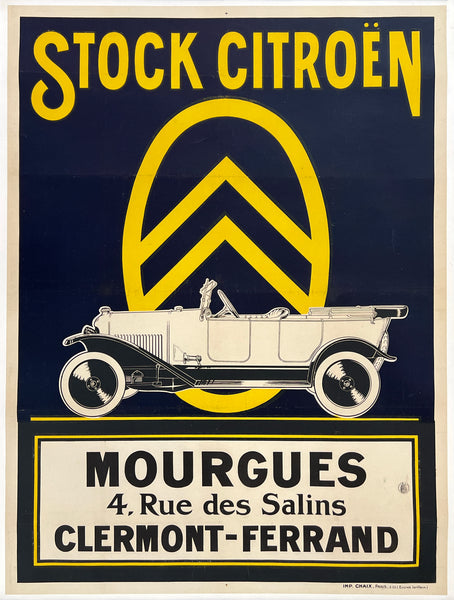 Vintage advertisement for Stock Citroén with a car and logo on a dark blue background