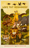 Vintage-style poster with animals and text 'Love Thy Neighbour' created by Air India for World Wildlife Fund.