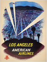 Original vintage Lis Angeles - American Airlines linen backed aviation travel and tourism poster artist Fred Ludekens circa 1950s.