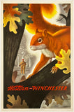 Vintage-style poster featuring a squirrel on a tree branch with 'Western Winchester' branding.