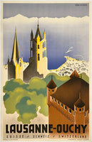 Rare authentic original vintage Lausanne-Ouchy linen backed Swiss travel and tourism poster plakat affiche by artist Vera Hirzel circa 1930s.