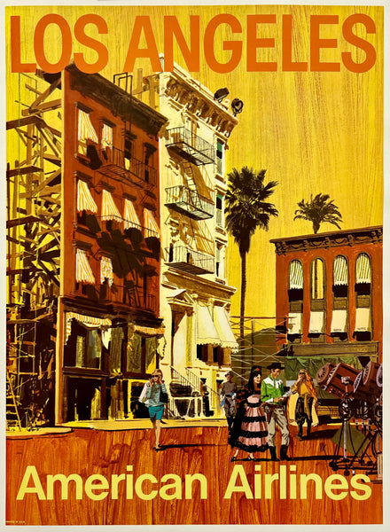 Vintage-style advertisement for American Airlines featuring Los Angeles with people and palm trees.