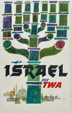 Vintage TWA travel poster with abstract design and 'Israel Fly TWA' text
