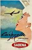 Vintage-style advertisement for Sabena Caravelle Jet Continental featuring an airplane and a woman looking up at it.