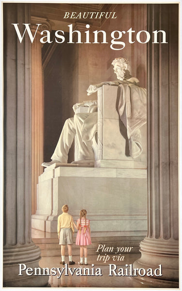 Rare authentic original vintage BEAUTIFUL WASHINGTON - PLAN YOUR TRIP VIA PENNSYLVANIA RAILROAD linen backed railway travel and tourism poster plakat affiche printed circa 1950s.