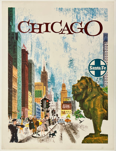 Authentic original vintage Santa Fe Railroad - Chicago linen backed American railway travel and tourism poster plakat affiche featuring an illustration of Michigan Avenue looking north with one of the Art Institute lions on the right printed circa 1950s.