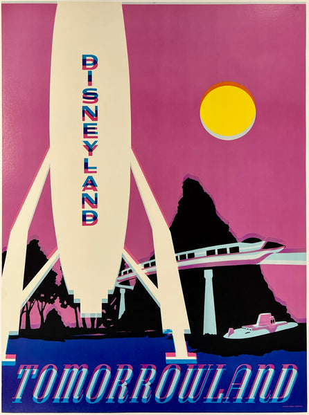 Exceptionally rare and authentic original vintage DISNEYLAND - TOMORROWLAND very rare linen backed poster plakat affiche with double printing error plakat affiche by artist Ralph Kent circa 1966.